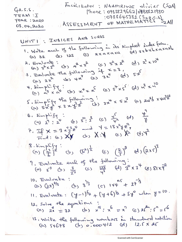 Math Exercises Senior Two | PDF