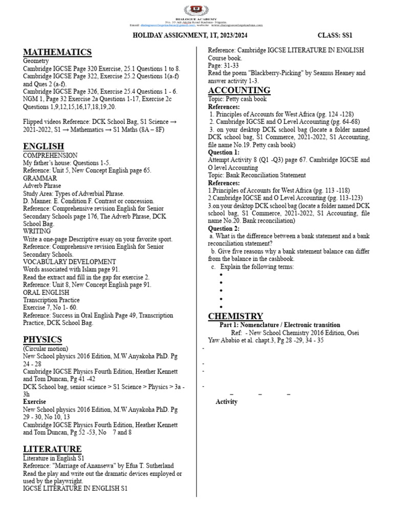 23-24, s1, 1t, Holiday Assignment | PDF | Manganese | Chromium