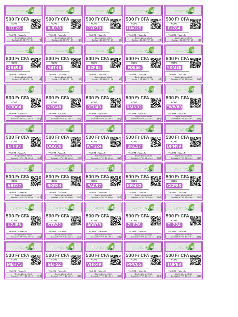 Codes Wi-Fi 500 Fr CFA - 7 Jours | PDF