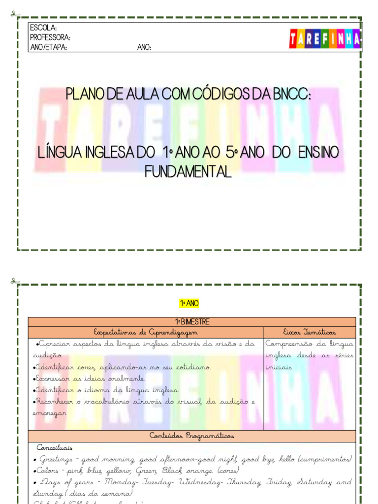 Plano de Aula: Língua Inglesa 1º ao 5º Ano | PDF | Aprendizado | Língua ...