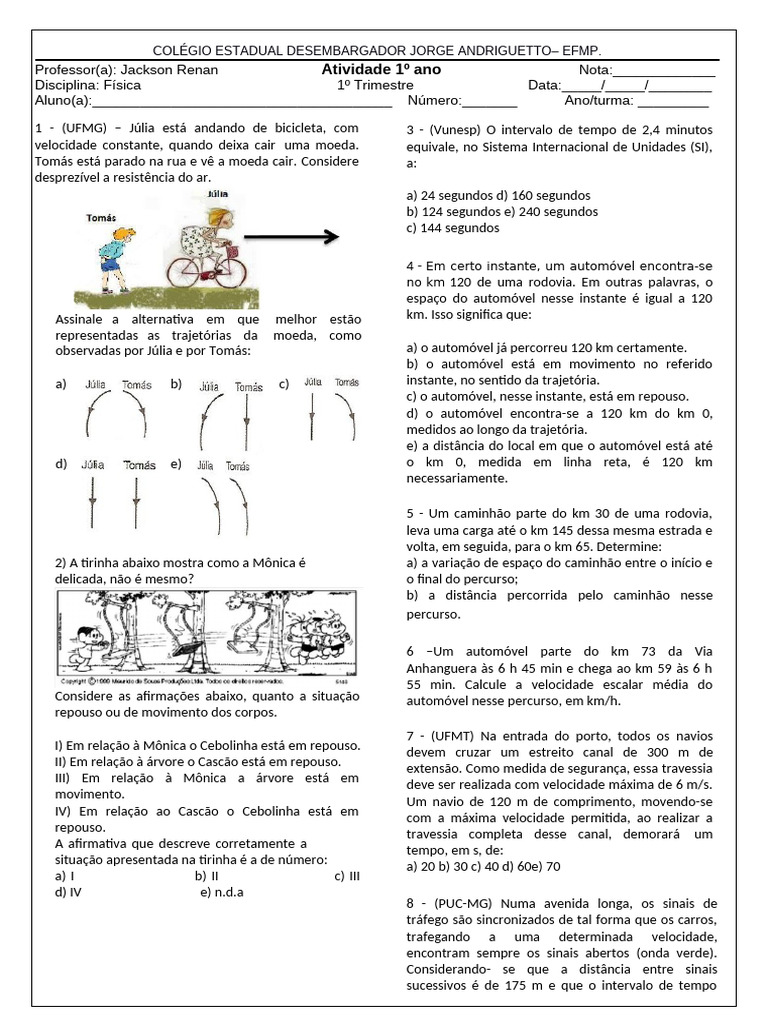 Exercícios de Física para 1º Ano | PDF | Velocidade | Velocidade