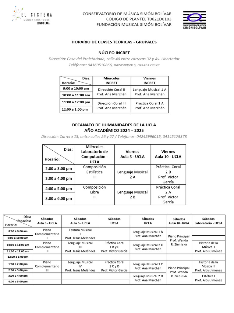 Horario cmsb lara 2024 2025 ucla nov 2024 pdf las artes esc nicas