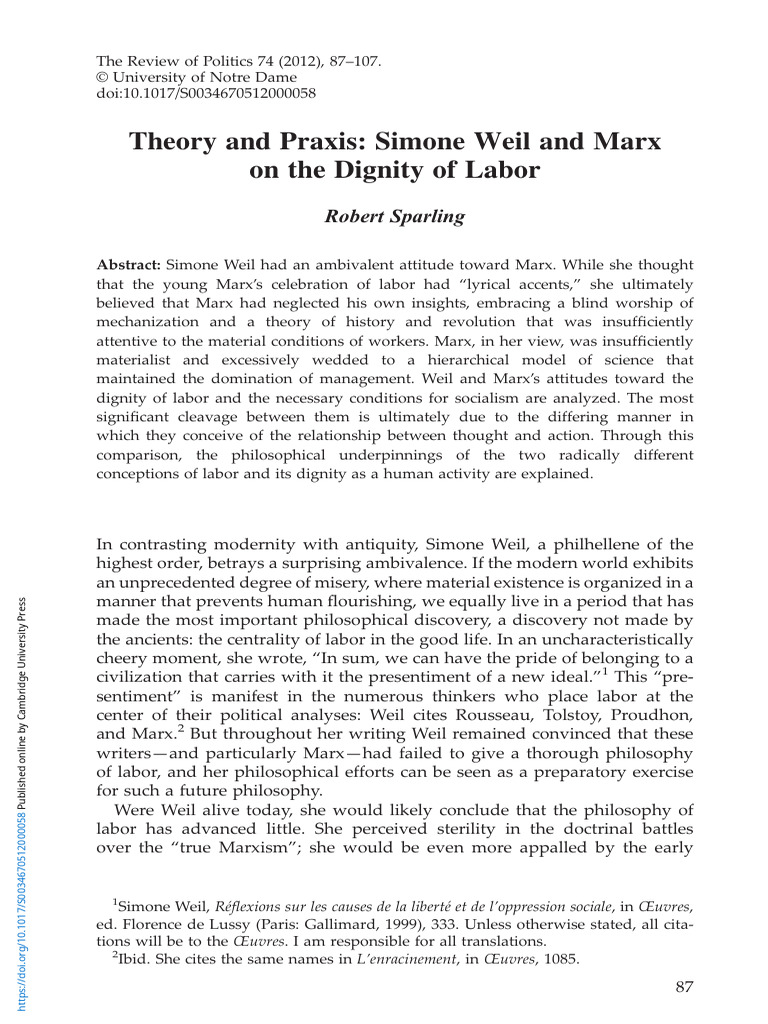 Theory and Praxis Simone Weil and Marx On The Dignity of Labor | PDF ...