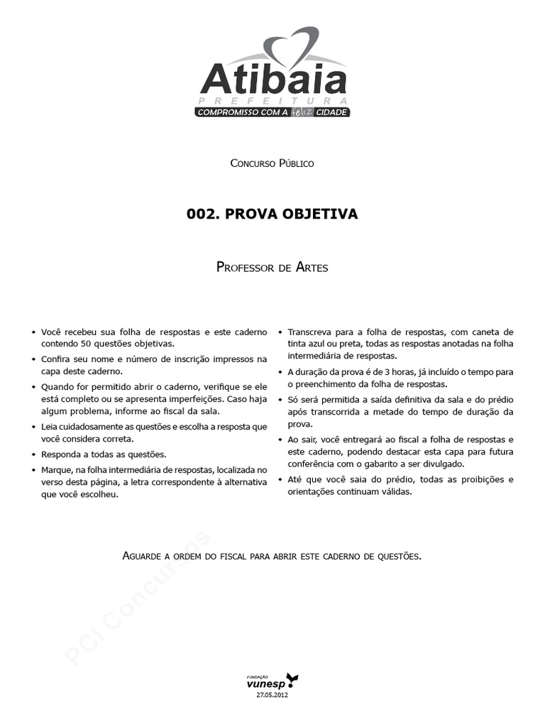 Prova Objetiva Professor de Artes 2024 | PDF | Pedagogia | Aprendizado