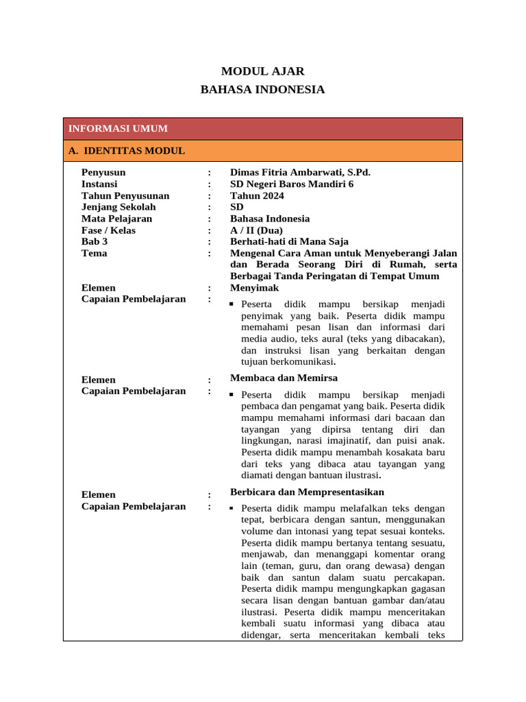 Modul Ajar Bahasa Indonesia Kelas 3 | PDF | Seni & Disiplin Bahasa