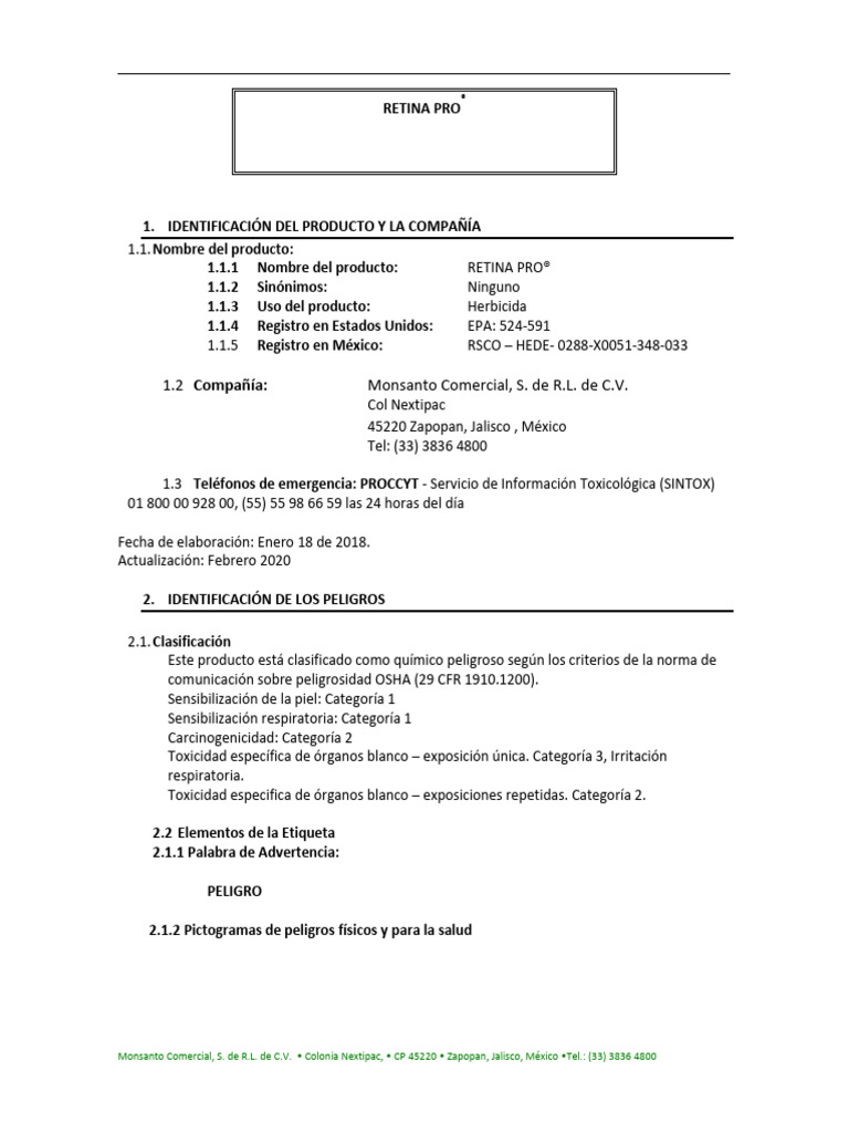 RETINA PRO Hoja de Seguridad | PDF | Agua | Cloruro de polivinilo