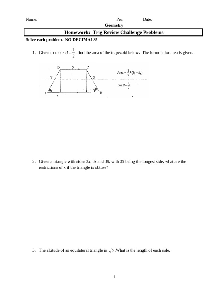 HW - Trig Review Challenge Problems | PDF