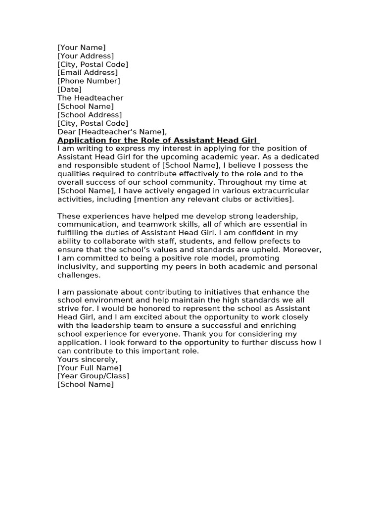 Application for Assistant Head Girl | PDF