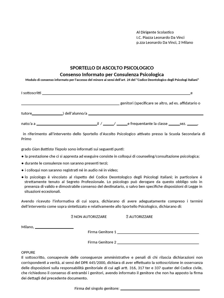 Modulo Consenso Informato Sportello Psicol. | PDF
