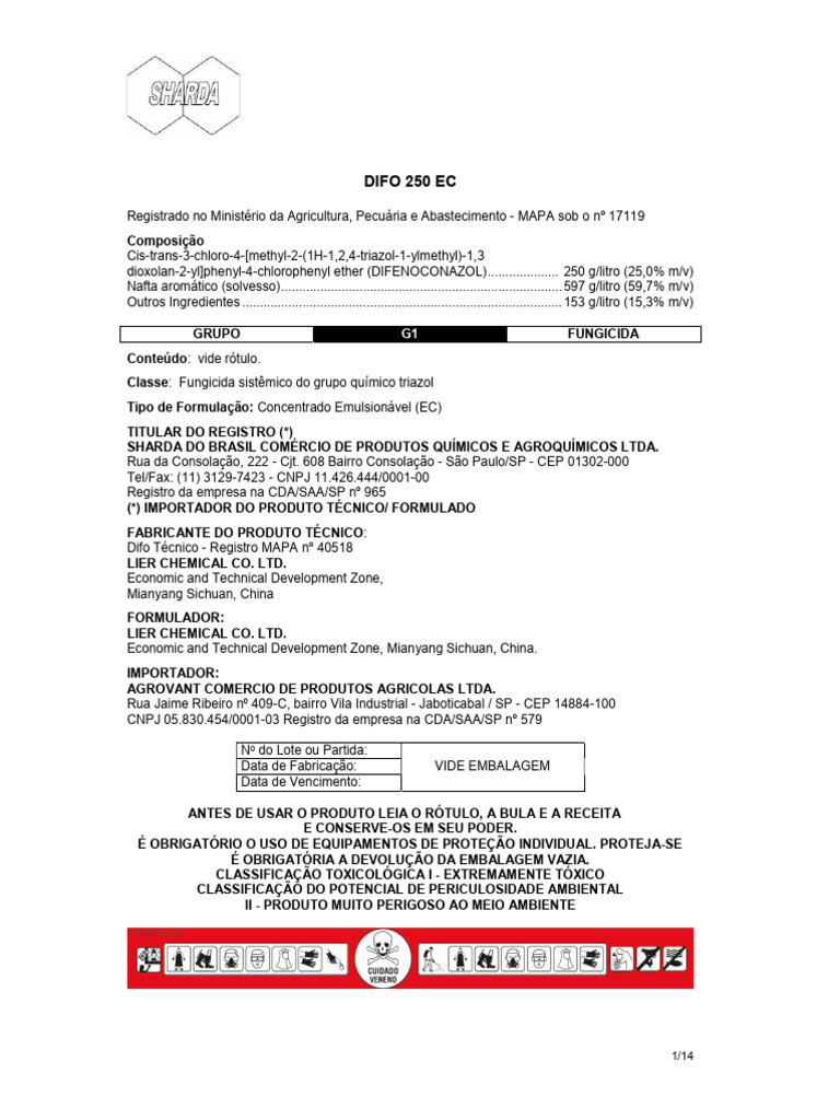 Bula do Fungicida DIFO 250 EC | PDF | Embalagem e rotulagem | Ambiente ...