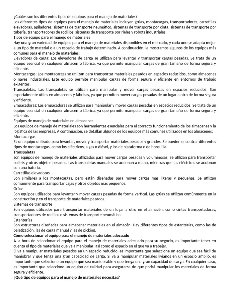 Tipos de Equipos para Manejo de Materiales | PDF | Máquina elevadora ...