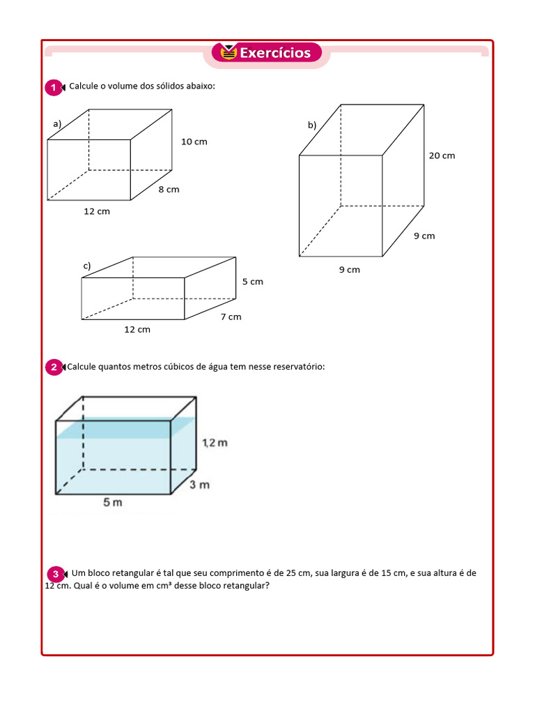 1 - Exercícios - Volume Dos Sólidos Geometricos - 2024 | PDF