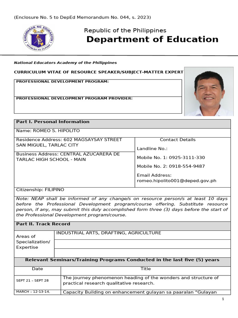 Curriculum Vitae of Resource Speaker | PDF