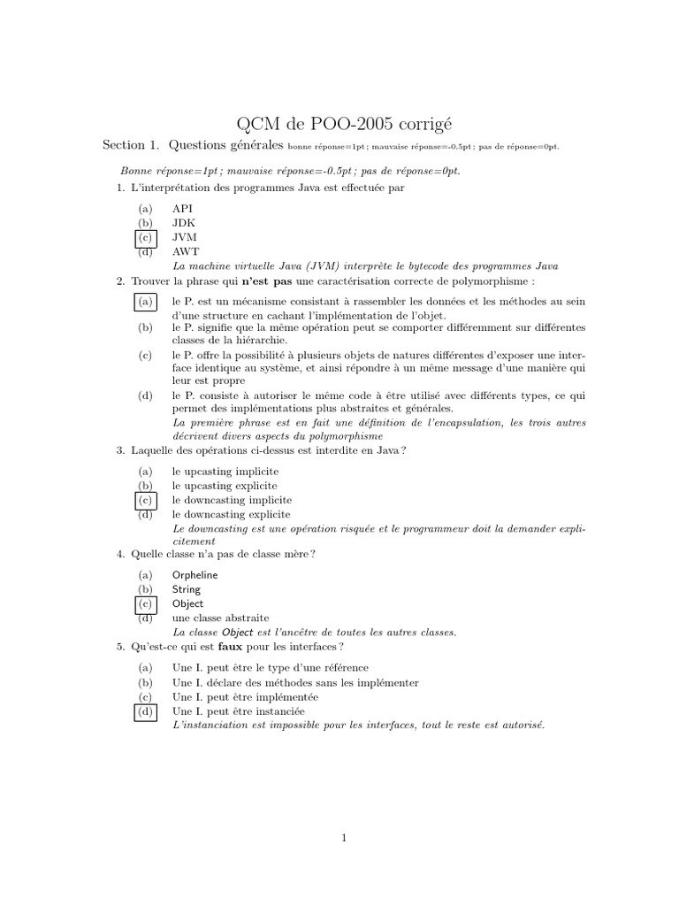 QCM corrigé sur la POO en Java | PDF | Java (Langage de programmation ...