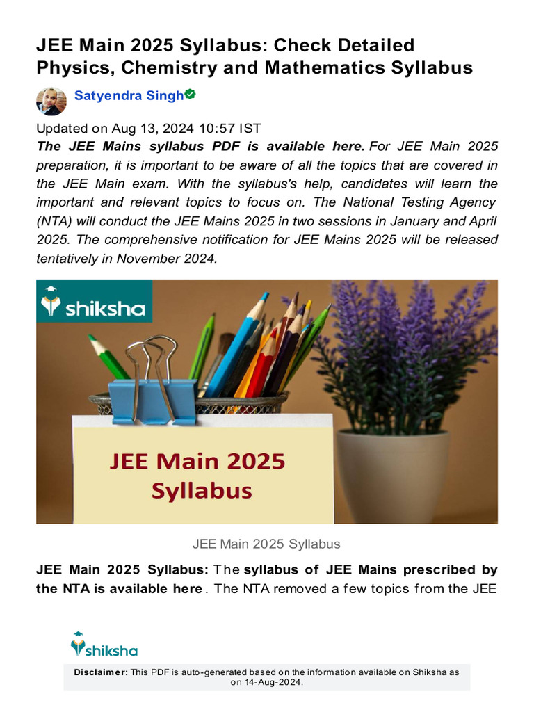 JEE Main 2025 Syllabus: Check Detailed Physics, Chemistry and ...