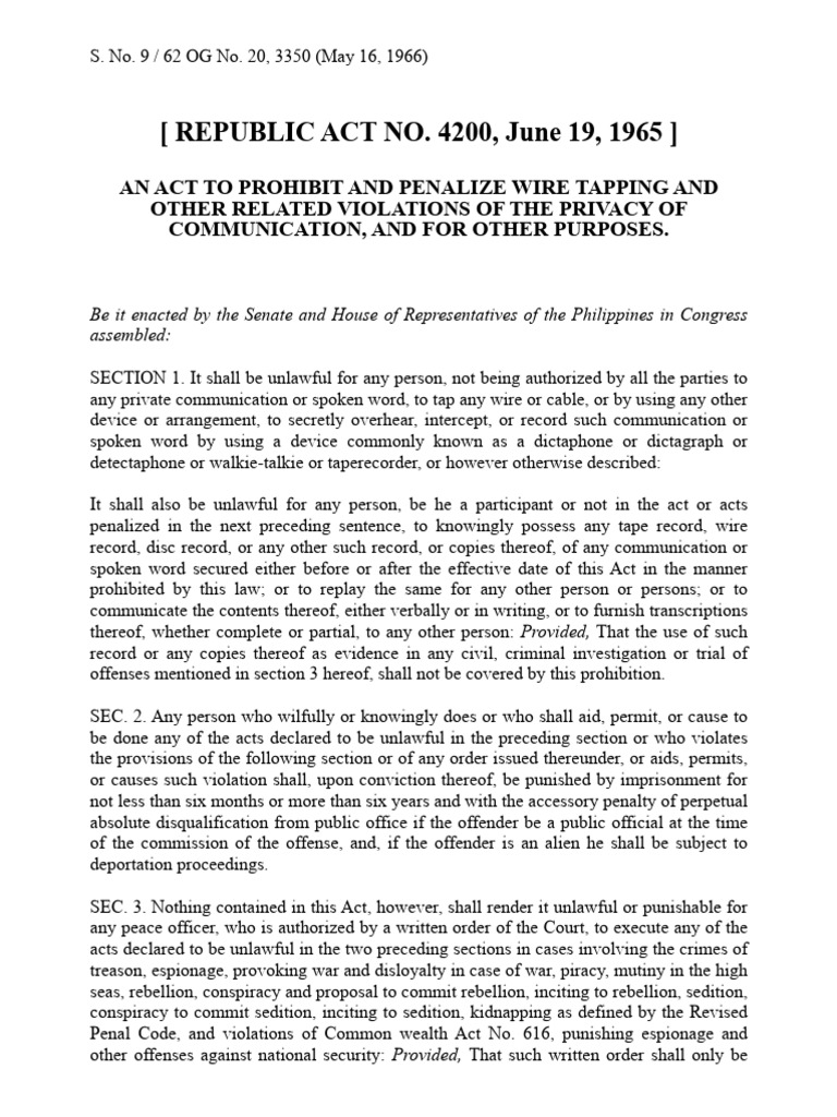 Philippines Anti-Wire Tapping Law | PDF | Crimes | Crime & Violence