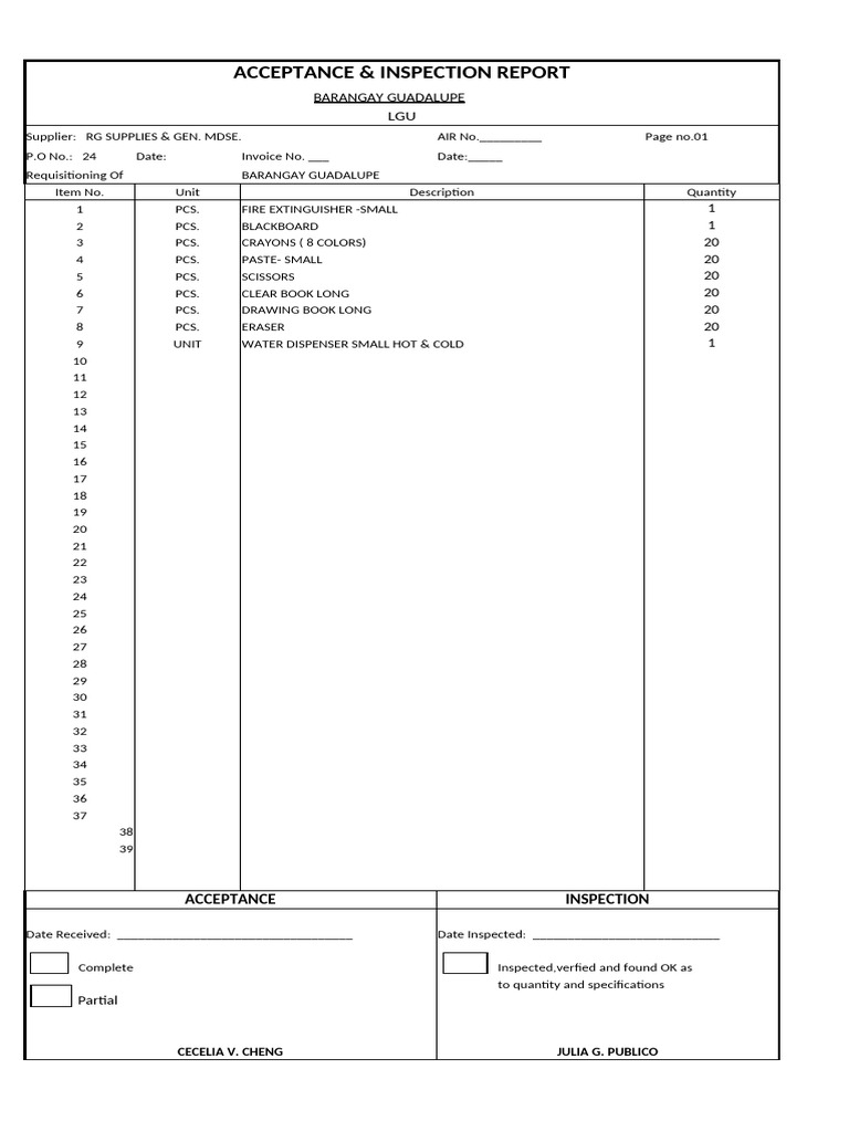 Acceptance Report for Barangay Supplies | PDF