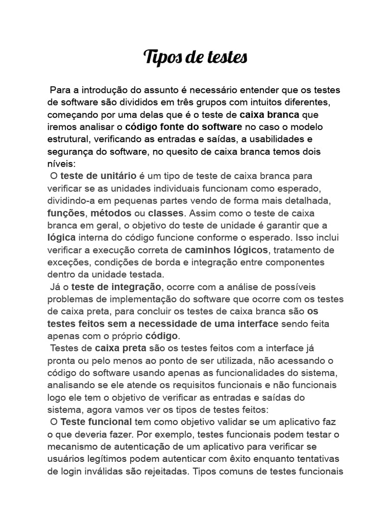 Tipos de Testes de Caixa Branca | PDF | Testes de software | Engenharia ...