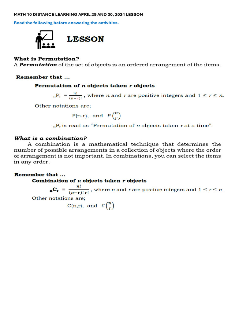 Math 10: Permutations and Combinations | PDF