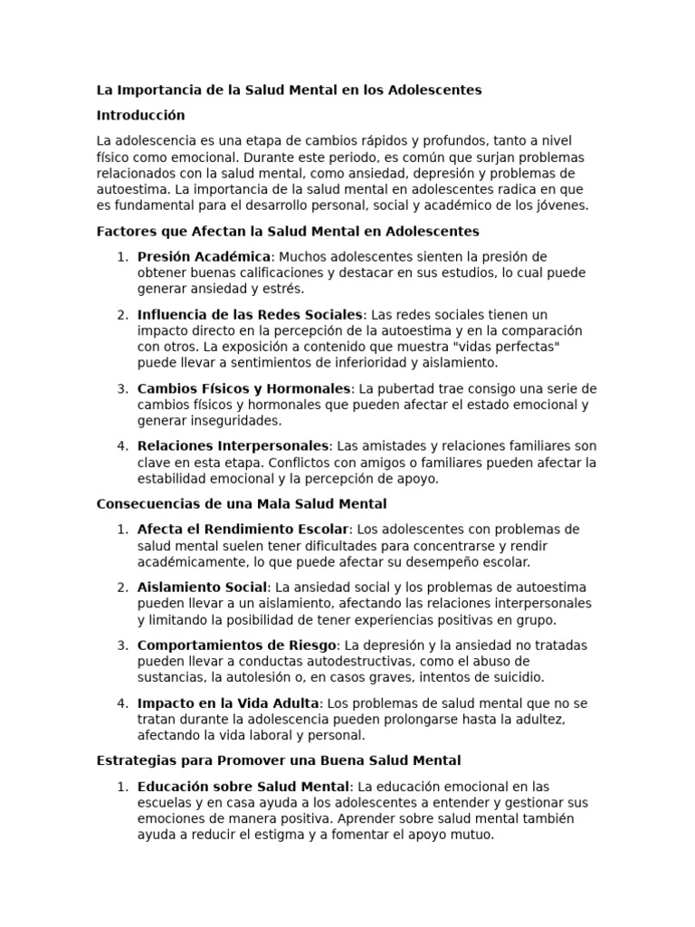 La Importancia de La Salud Mental en Los Adolescentes | PDF | Salud ...