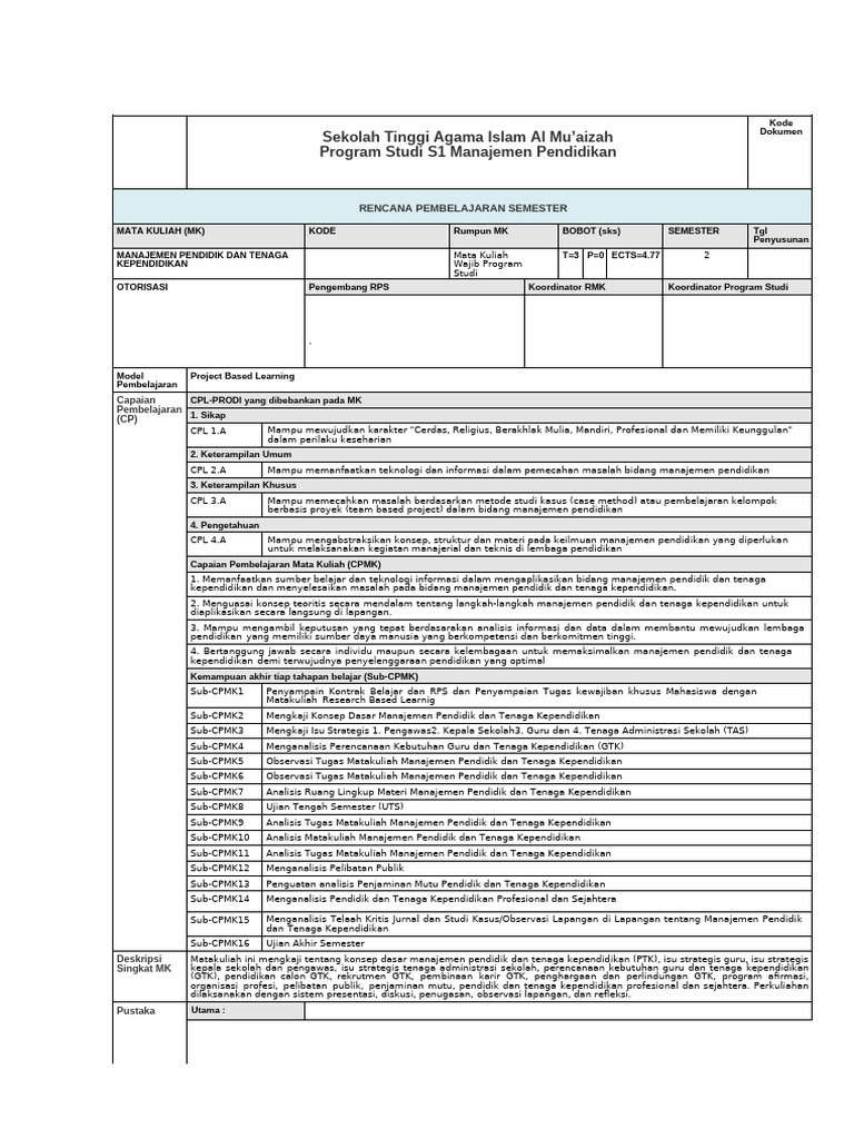 RPS Manajemen Pendidik Dan Tenaga Kependidikan | PDF | Seni | Komputer