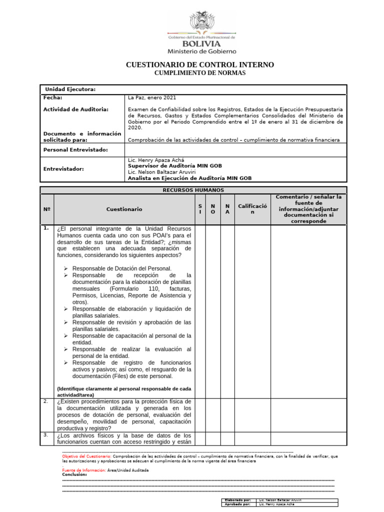 Cuestionario de Control Interno 2020 | PDF | Auditoría | Gestión de ...