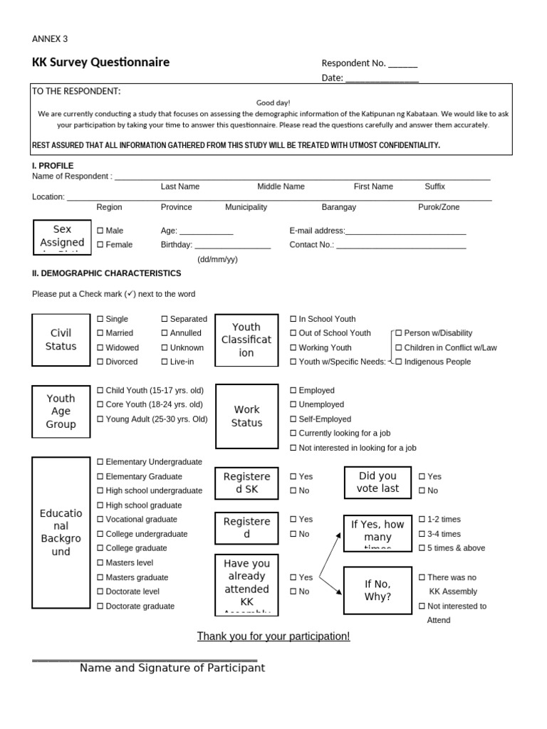 KK Survey Questionnaire for Youth Demographics | PDF