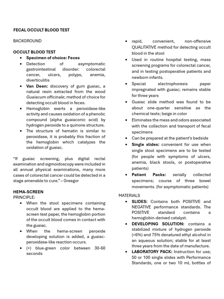 Fecal Occult Blood Test Overview PDF Medical Specialties Clinical