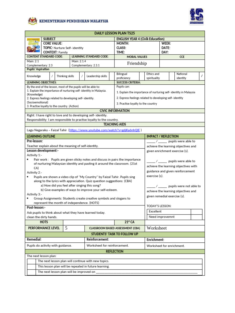 BI Y4 LP TS25 - Civic Education | PDF | Lesson Plan | Learning