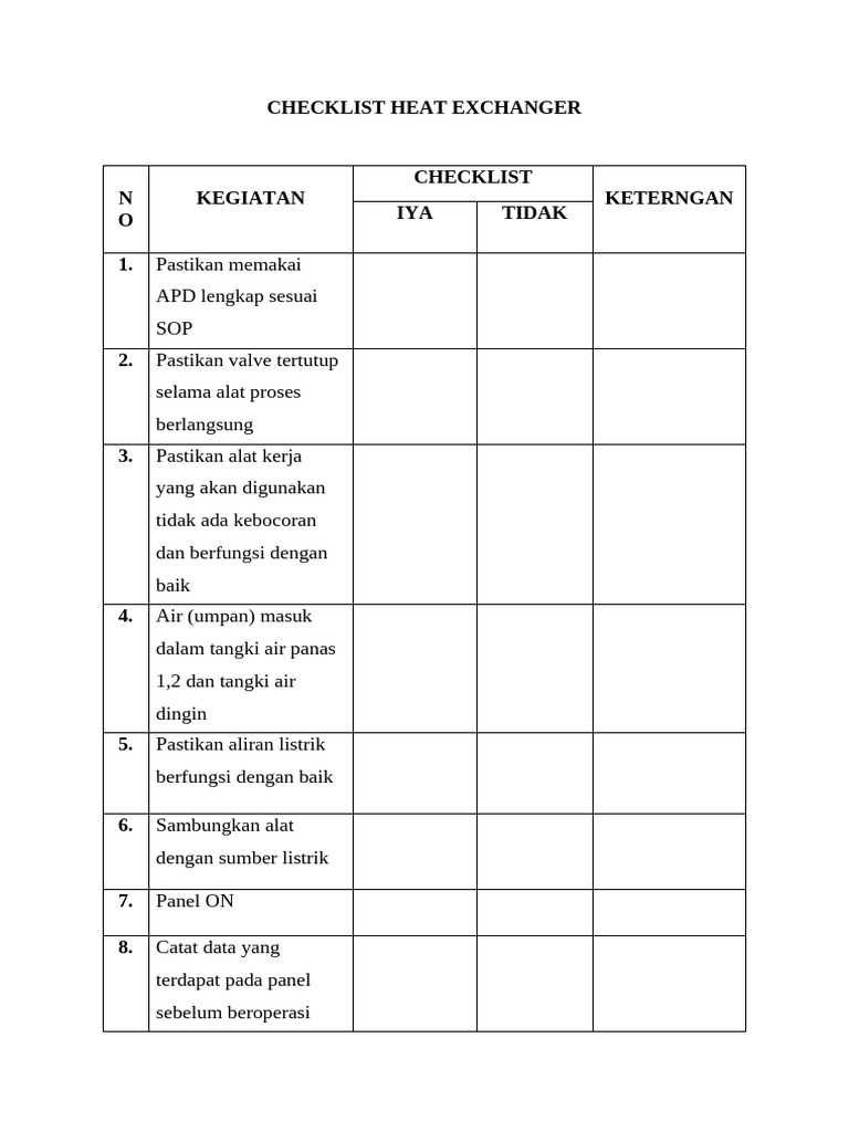 Checklist Heat Exchanger | PDF | Sains & Matematika | Teknologi & Rekayasa