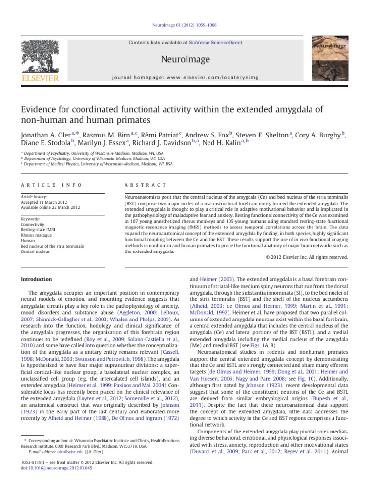 NeuroImage 61 2012 1059 1066 Contents Li | PDF | Amygdala | Functional ...