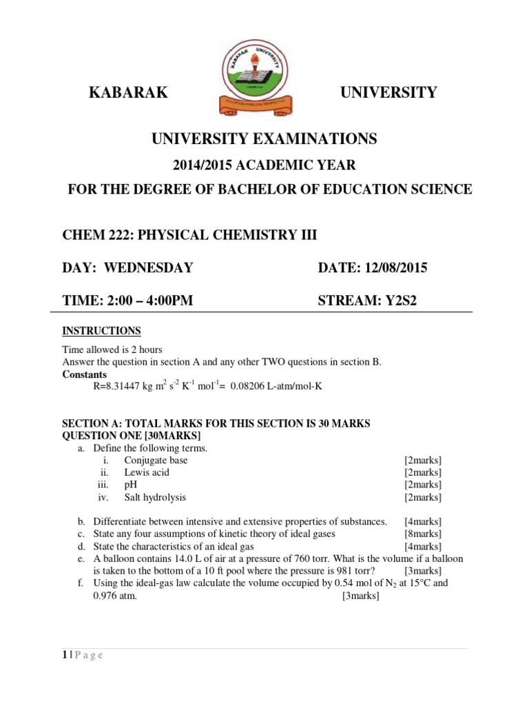 Physical Chemistry III Exam 2015 | PDF | Gases | Phases Of Matter
