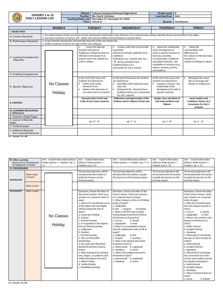 Q2W4 - Arts - DLL - Nov 27 Dec 01 2023 | PDF | Learning | Paper
