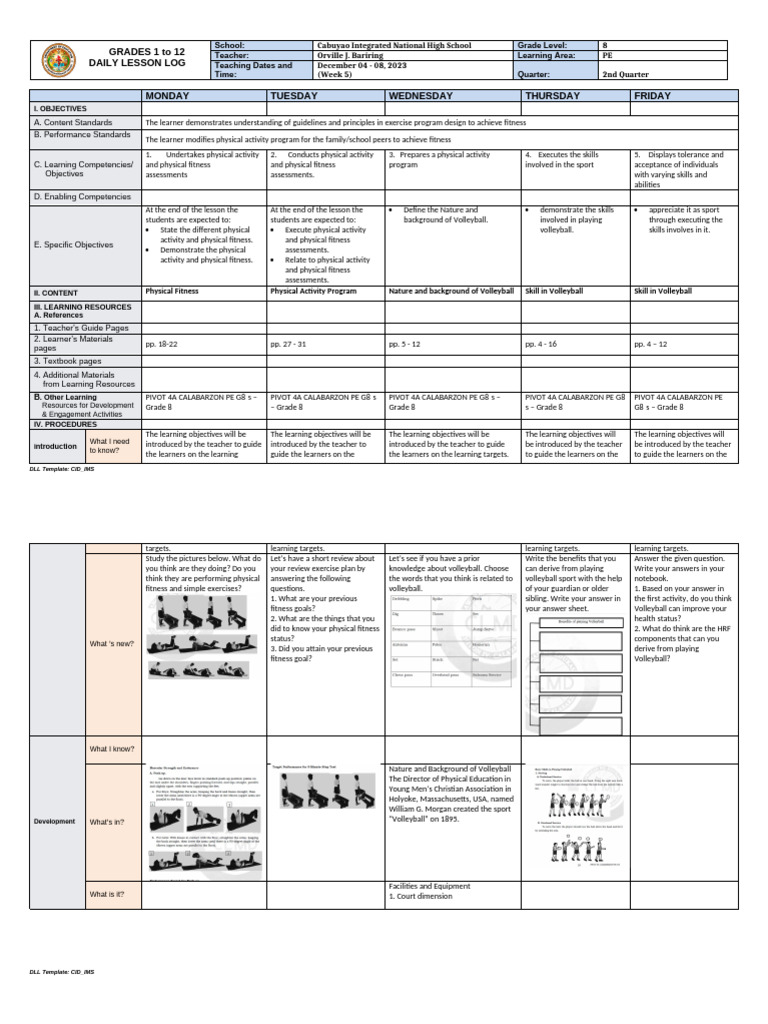 Grade 8 PE Daily Lesson Plan | PDF | Learning | Physical Fitness