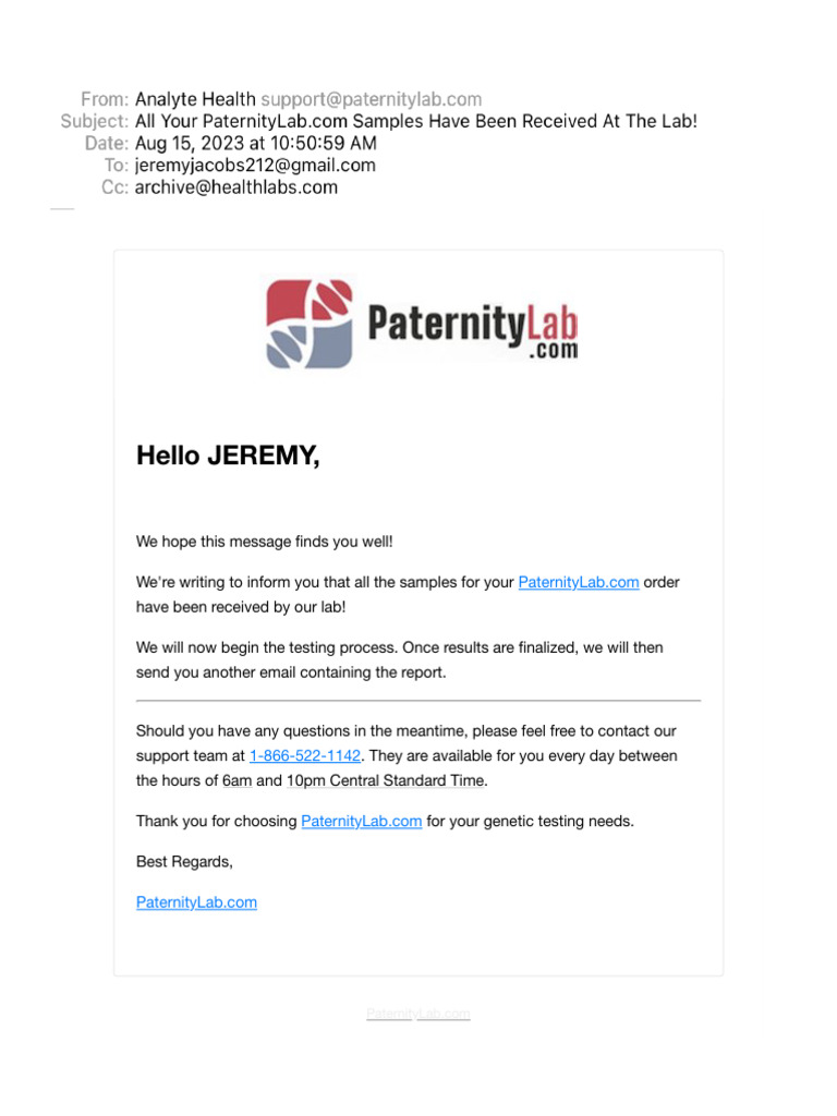 All Your PaternityLab - Com Samples Have Been Received at The Lab! | PDF