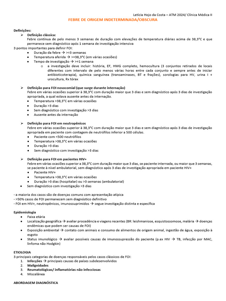 Febre de Origem Indeterminada: Definições e Abordagem | PDF | Febre ...