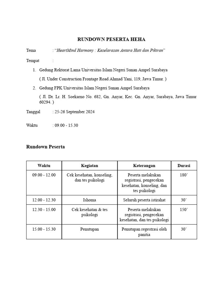 Rundown Peserta HEHA | PDF