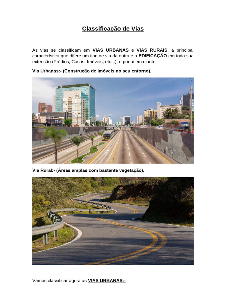 Classificação de Vias Urbanas e Rurais | PDF | Tráfego | Rodovia de ...