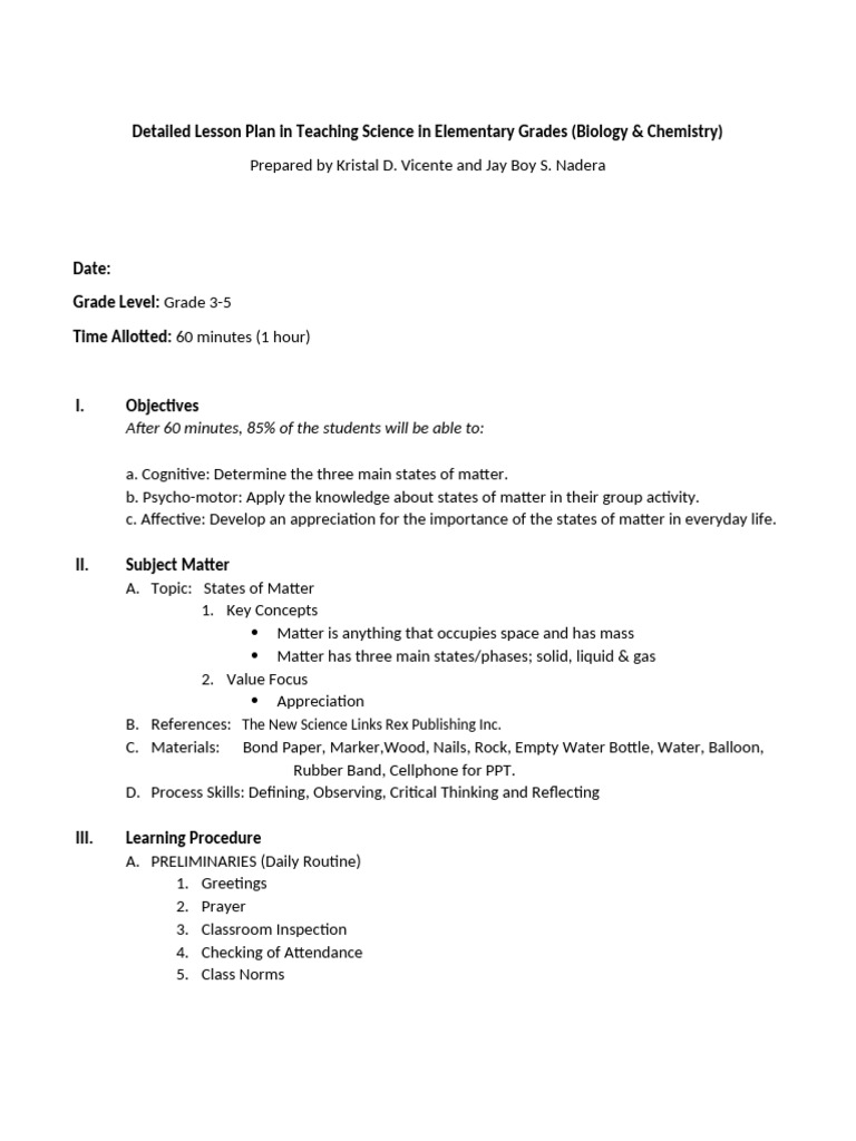 Elementary Science Lesson Plan: States of Matter | PDF | Gases ...