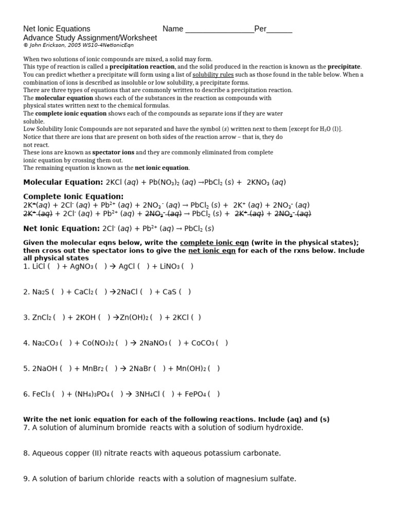 01 AP Net Ionic Equations ASA 2019 | PDF | Hydroxide | Solubility