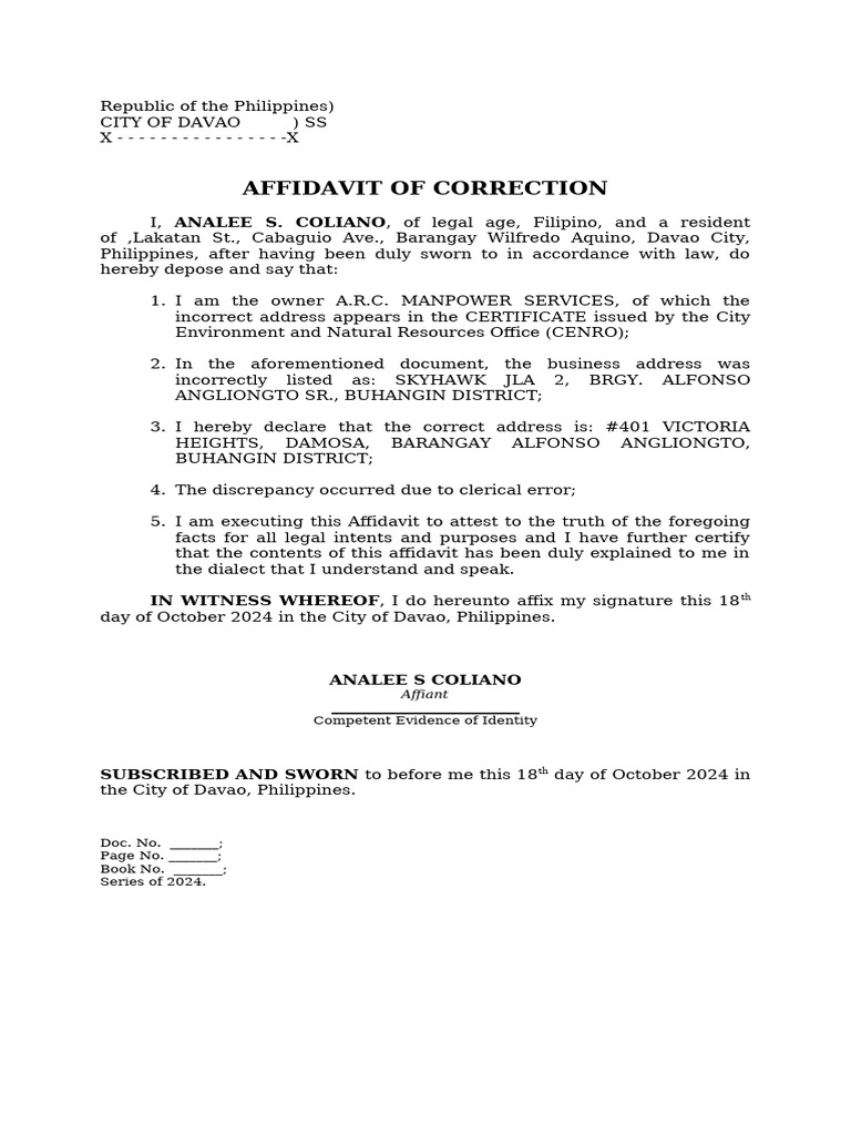 Davao Affidavit of Correction Template | PDF | Social Science | Law