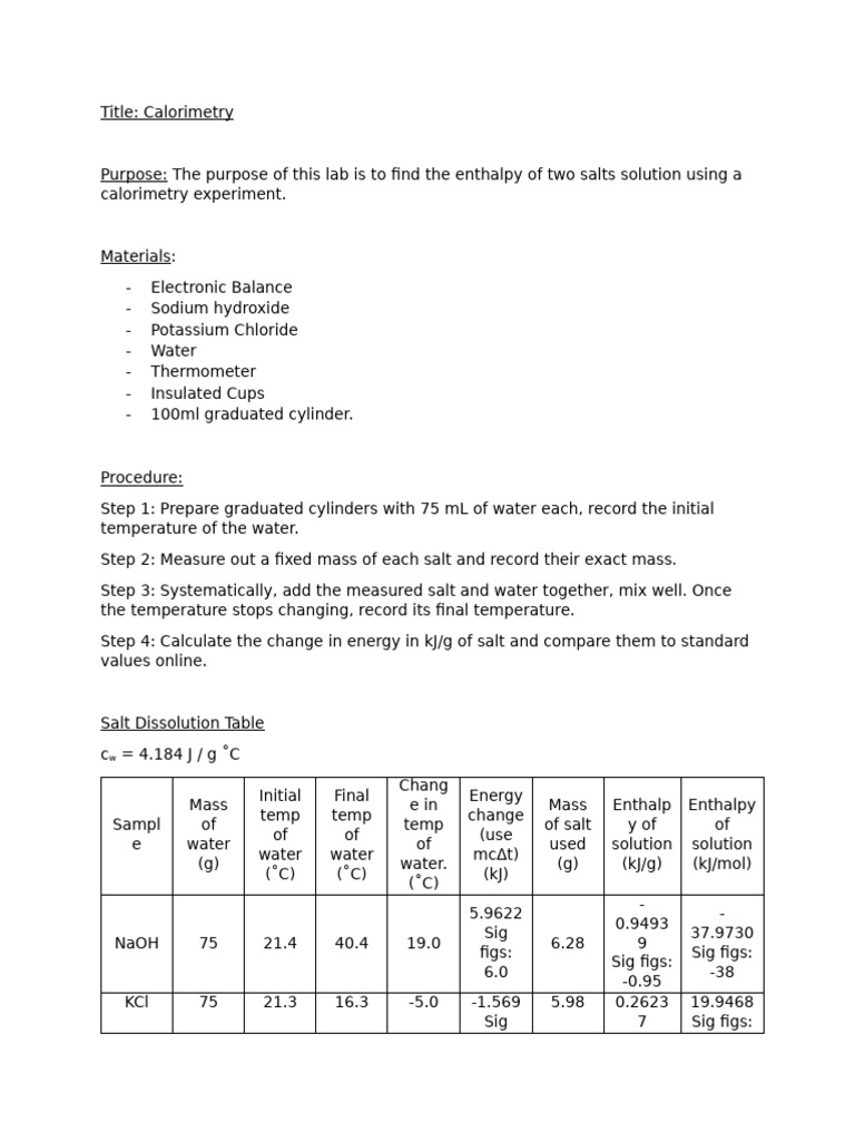 Calorimetry of A Salt Solution Lab - U2L2 | PDF | Enthalpy | Potassium ...