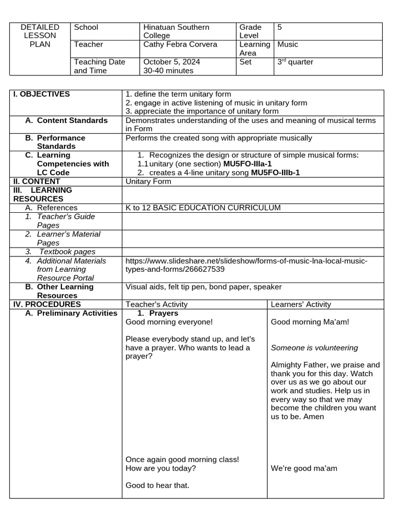 Unitary Form in Music: Grade 5 Lesson Plan | PDF | Learning | Teachers