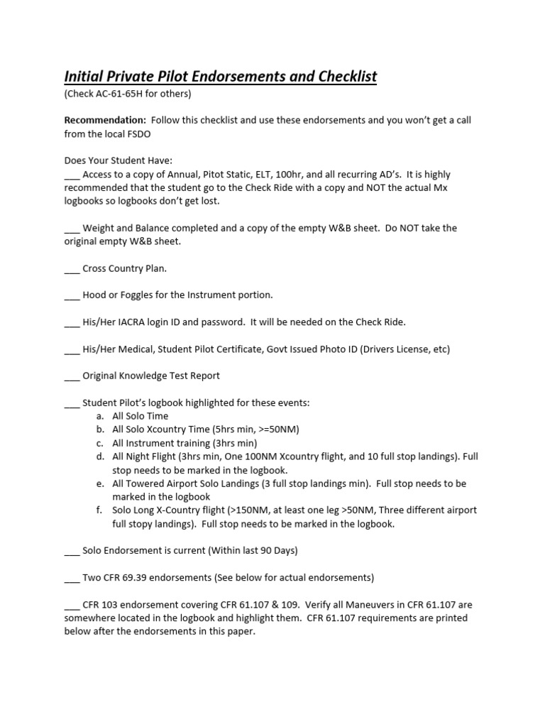 Private Pilot Endorsement Checklist | PDF | Aerodynamics | Transport