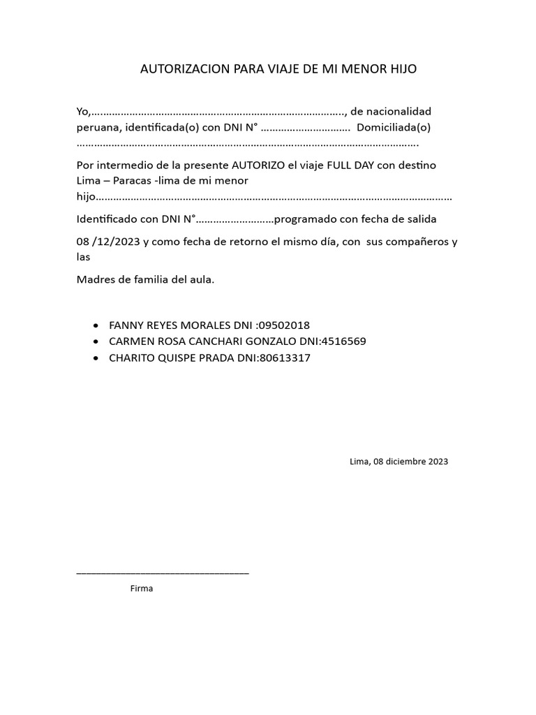 Autorización de Viaje para Menores | PDF