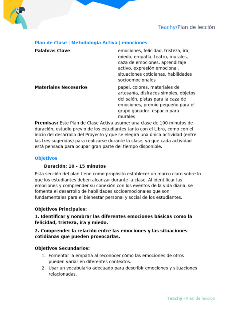 Plan de Clase: Emociones y Aprendizaje Activo | PDF | Las emociones ...