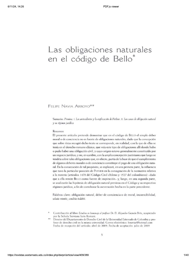 Las Obligaciones Naturales en El Codigo de Bello | PDF