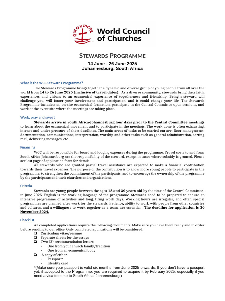 WCC Stewards Programme Application 2025 | PDF | Passport | Ecumenism