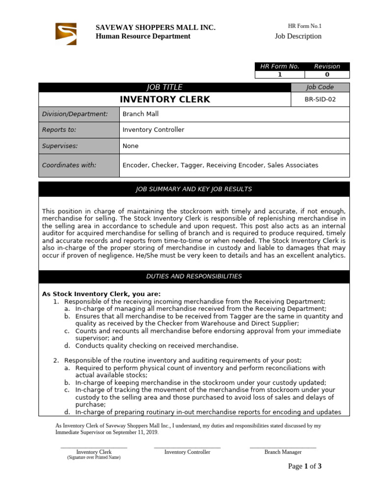 Inventory Clerk Job Description | PDF | Inventory | Merchandising