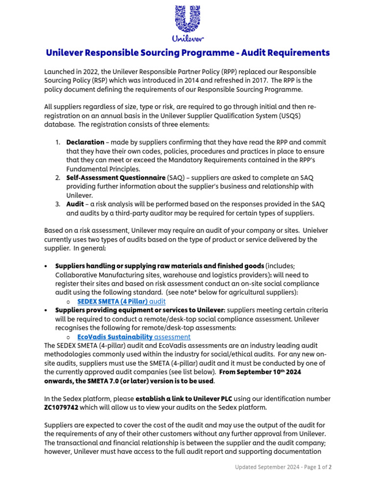 Unilever Responsible Sourcing Audit Guide | PDF | Audit | Risk